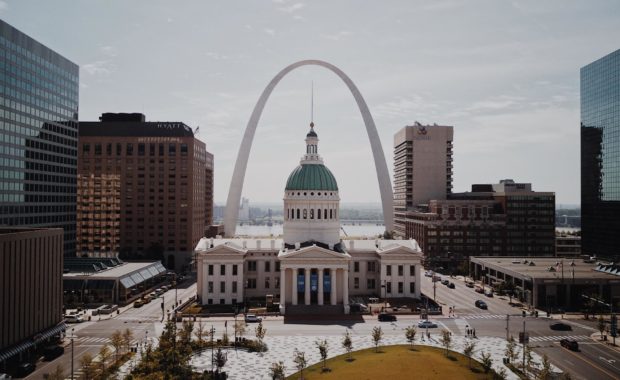This is a picture of the St. Louis Gateway Arch in St. Louis. The Old Couthouse is also in the picture. This is in downtown St. Louis, Missouri.